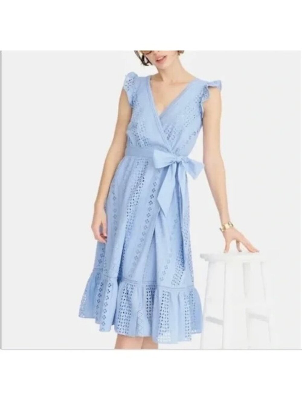 NEW J. Crew Blue All over Eyelet Wrap Midi Dress Flutter Slv lined womens sz 18 - Picture 6 of 16